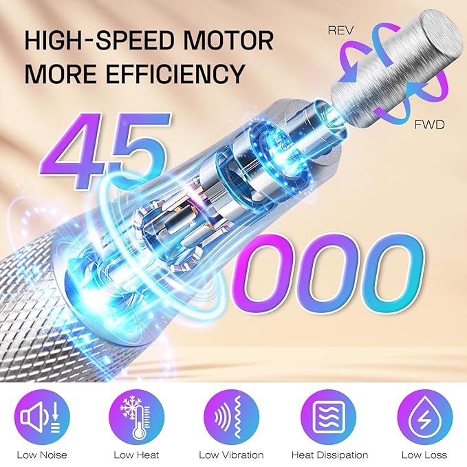 Electric Nail Drill File Machine: Professional 45000RPM Cordless Nail Tool with Stepless Speed Knob for Acrylic Gel Dip Powder Nails, Portable Manicure Pedicure Kit for Home Salon Use