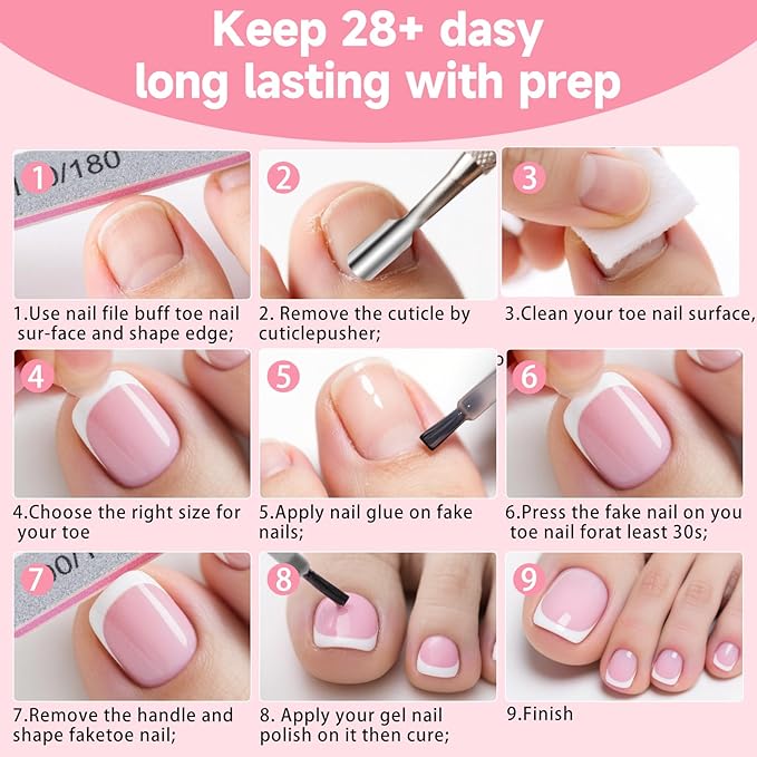 Toe Press On Nails, 240Pcs White French Press On Toenails Kit, Pink Square Pre-Designed Soft Gel False Toenail Extension, 12 Size Full Cover Fake Toenail Press Ons for Women