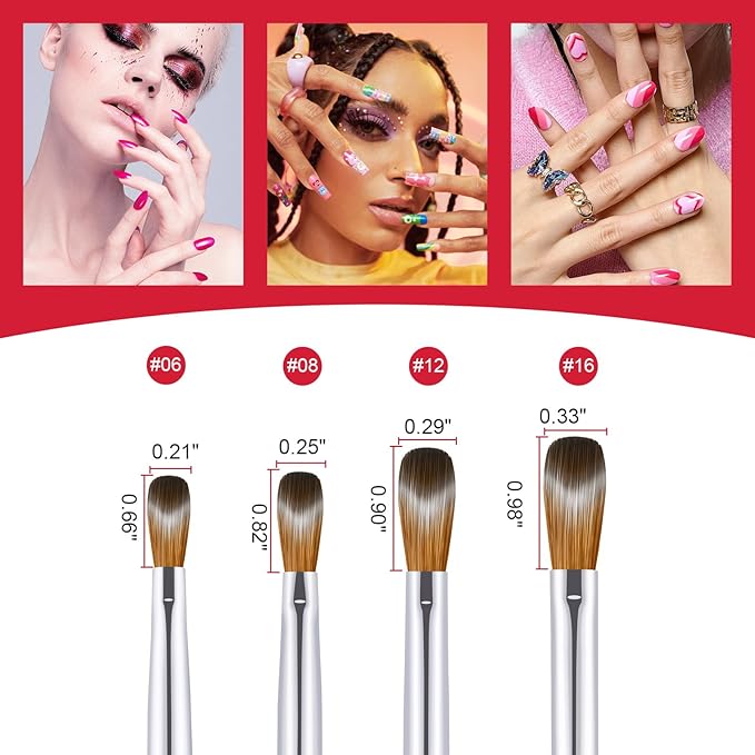 4PCS Acrylic Nail Brush Set, Kolinsky Hair, Oval Crimped Pressed Shaped, Size 6/8/12/16 - Red Metal Handle Professional Manicure Powder Brush for DIY Home Salon