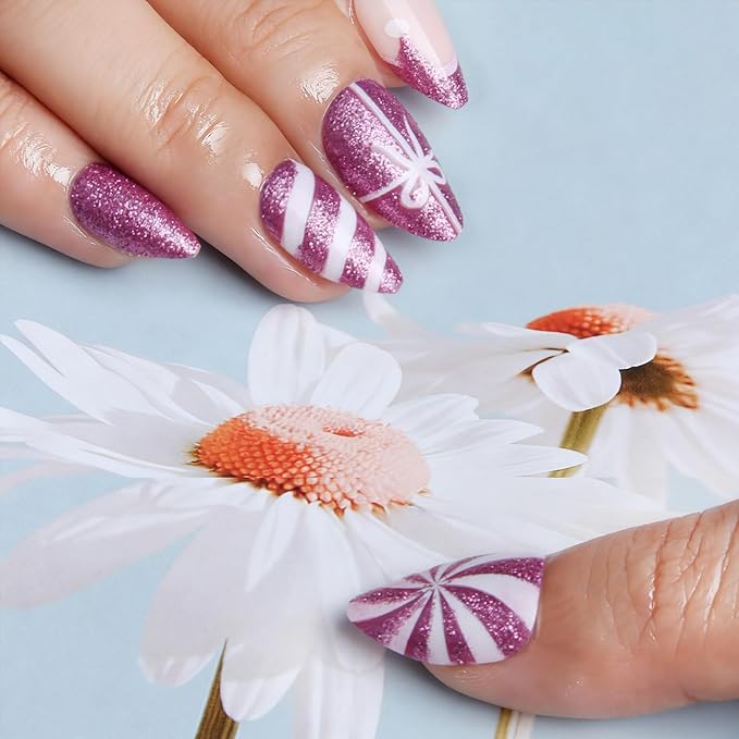 30pcs Shining Purple Short Almond Press On Nails with Candy, Bows, and Hats for Themed Costumes, Reusable Nail Kit with Nail Adhesive Tabs Mini Nail File, 15 Sizes (Purple)