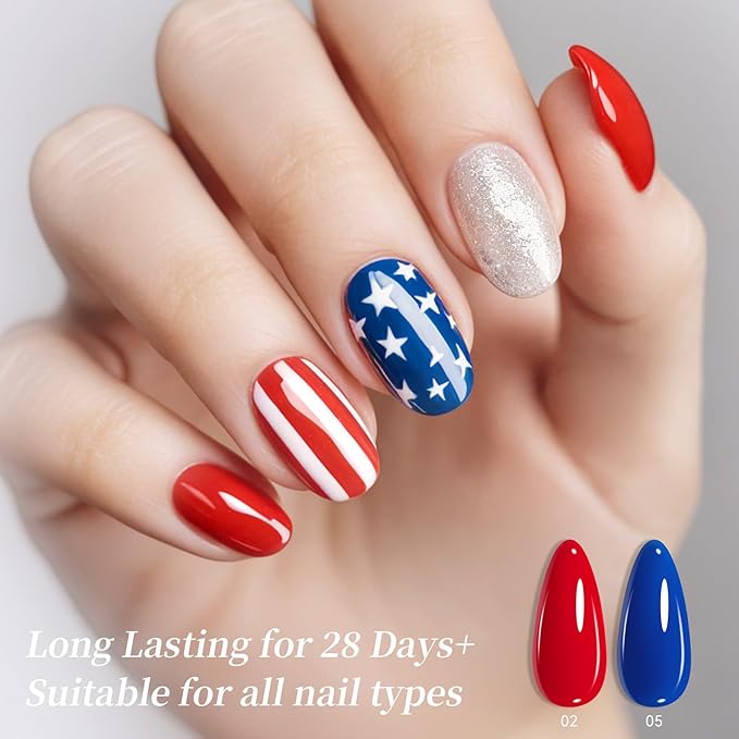 BORN PRETTY 4th of July Gel Nail Polish Set 6 Colors Navy Blue Red White Sliver Shimmer Glitter Gel Polish Soak Off U v Gel Polish Kit for Salon Manicure and Nail Art DIY at Home