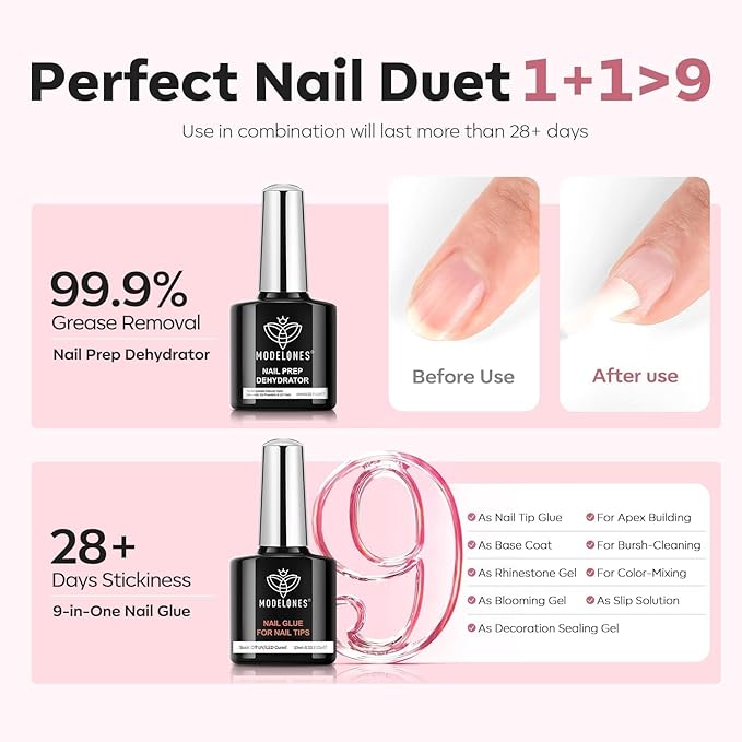 modelones X Nail Gel Kit, Upgrade 15Sizes Pre-shaped Gel Nail Tips Short Almond Shape, 9-in-One Glue Prep Dehydrator & Portable Led Lamp, 510Pcs Press On Extension Kit Gift for Women