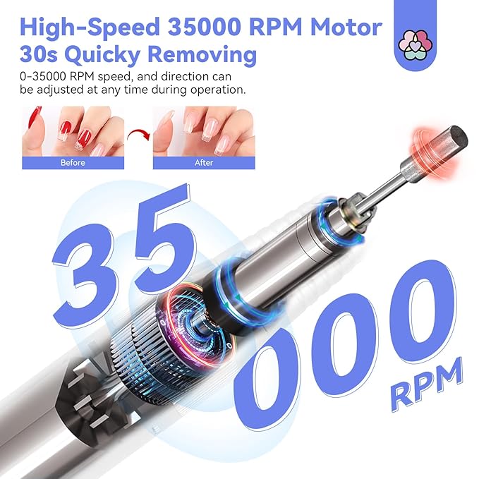 SAVILAND Electric Nail Drill Professional - 35000 RPM Rechargeable Acrylic Nail Drill with Drill Bits Sanding Bands for Nail Art Removal Nail Care for Nails Manicure and Pedicure Kit Salon Use