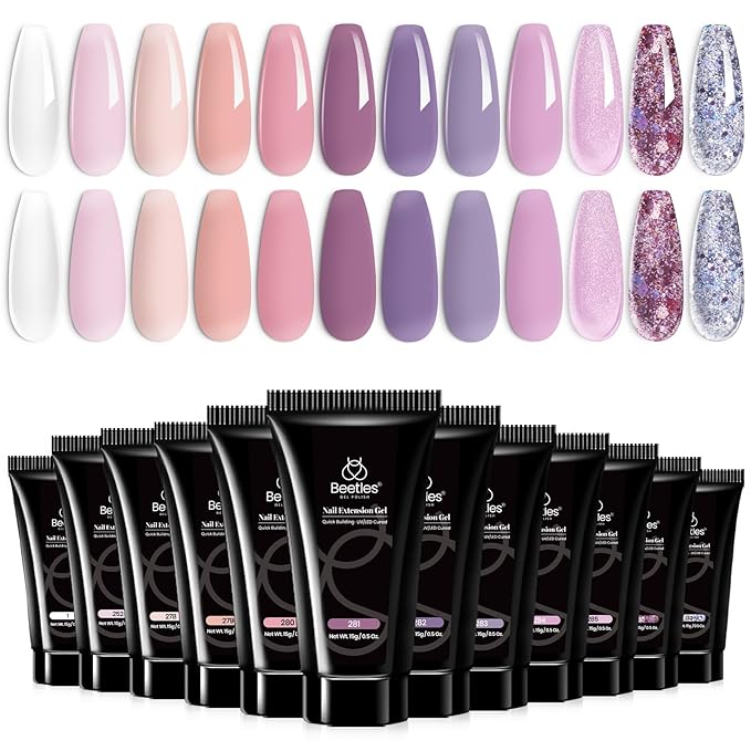 Beetles Nail Extension Gel Set Blackberry Glaze 12 Colors Poly Nail Gel Kit Beginners DIY Home Salon Gift for Women UV & LED Cured