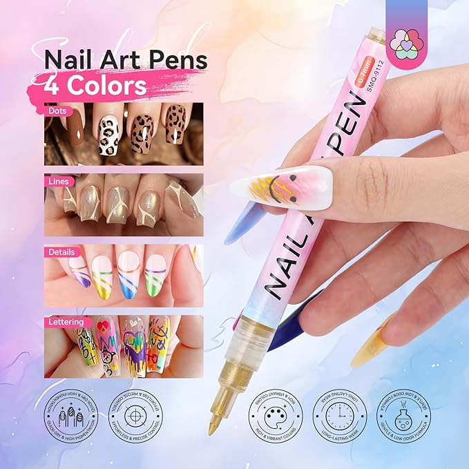 SAVILAND Essentials Nail Art Pen Set: 12PCS Quick Dry 3D Nail Polish Pens for Nail Art Design with Fine Tips Acrylic Paint Markers for Drawing Liner Dotting and DIY Manicure Tools Kit at Home