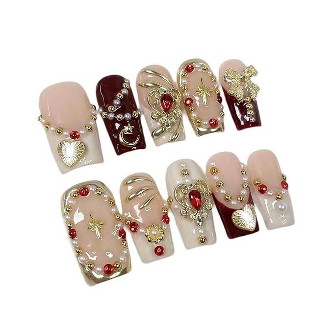 10Pcs (Size M) Medium Square Handmade Press On Nails - Luxury Egyptian Palace Relief French Tip Acrylic Fake Nails with Gold Charms for Women Manicure