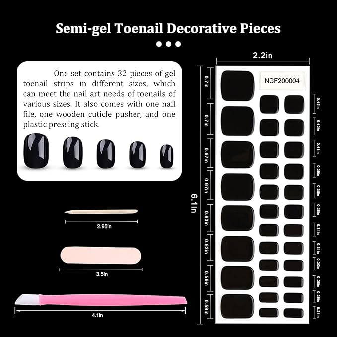 SILPECWEE Semi Cured Gel Nail Strips, Toenails Stickers Full Nail Wraps UV Light Required, Salon Quality, Easy to Apply & Remove, Toenail Strips for Women Girl (Midnight Black - 32PCS)
