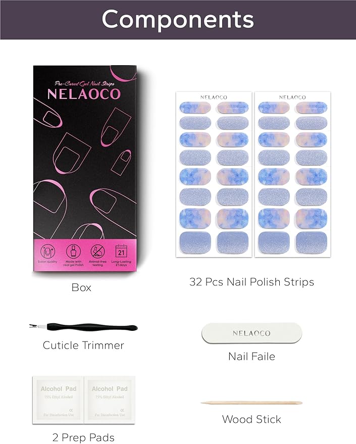 Nail Polish Strips – 32PCS UV Free Salon Quality Wraps, Long Lasting Gel Nail Stickers for Women (Sky Palette Blue)