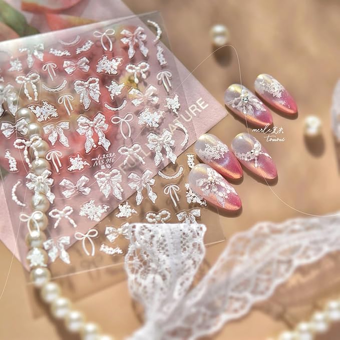 1Pcs 5D Bow Nail Art Stickers Decals Self Adhesive Valentines Nail Decals with Pearl Design Ribbon Bow Nail Stickers Embossed Cute Stickers Wedding Nail Supplies Decorations for Women Holiday Manicure