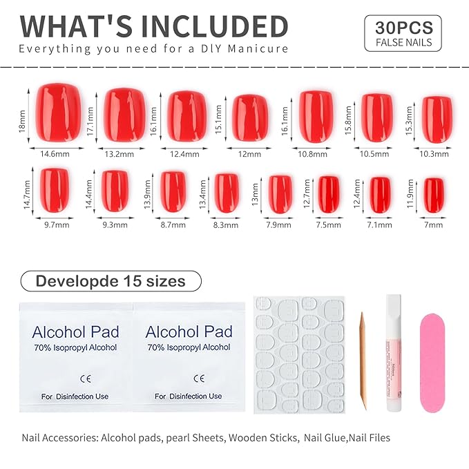 Press on Nails Short Square, True Red Fake Nails Kit, Fashion Glossy Acrylic Press On Nails, Natural Stick on Nails, Thick Reusable Glue on Nails Short Fake Nails for Women, 30Pcs