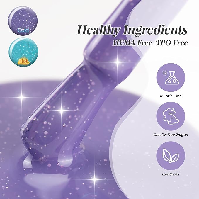 YTD Likomey Color Changing Gel Nail Polish 2 Pcs Set,15ml Tiffany Blue To Purple Pure Color and Glitter Kit,Thermal Ombre Change Colors Salon Manicure UV Nail Varnish,WB2-8