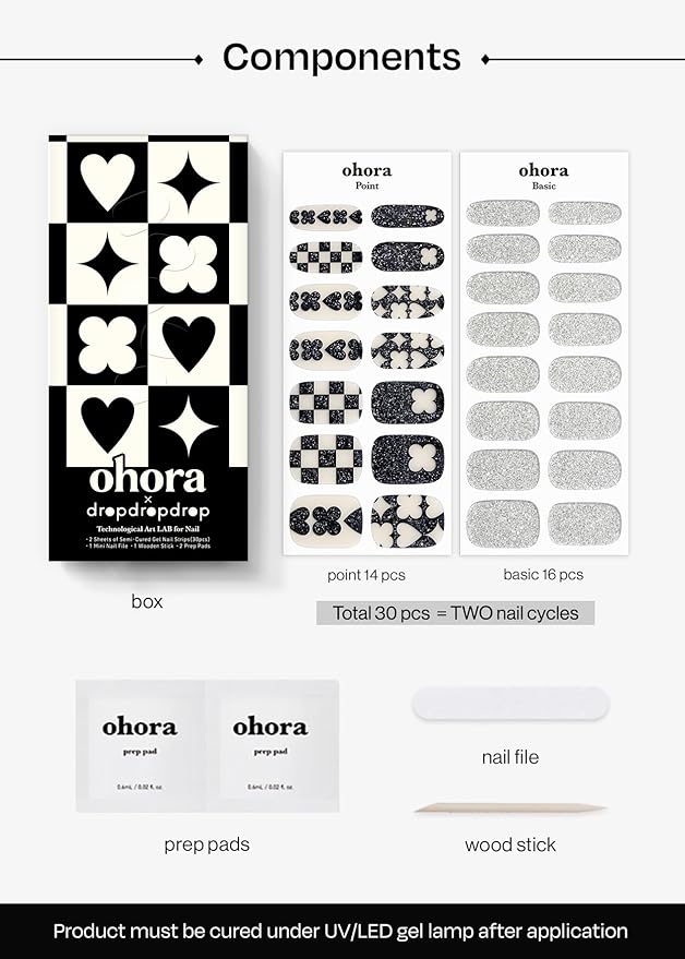 ohora Semi Cured Gel Nail Strips (N Check in Wonderland) - Works with Any Lamps, Salon-Quality, Long Lasting, Easy to Apply & Remove - Includes 2 Prep Pads, Nail File & Wooden Stick