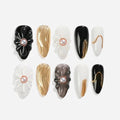 Sun&Beam Nails Handmade Press-on Medium Long Almond Black White Gold 3D Mirror Pearl Design False Nail Tips 10 Pcs (#130 S)