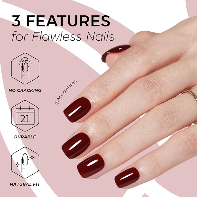 Modelones Extra Short Press on Nails, Dark Red Squoval Fake Nails, Reusable Nail Kit with Nail Glue Adhesive Tabs Mini Nail File, Nails Press Ons 32Pcs 16 Sizes, Spring Women Girl Gift