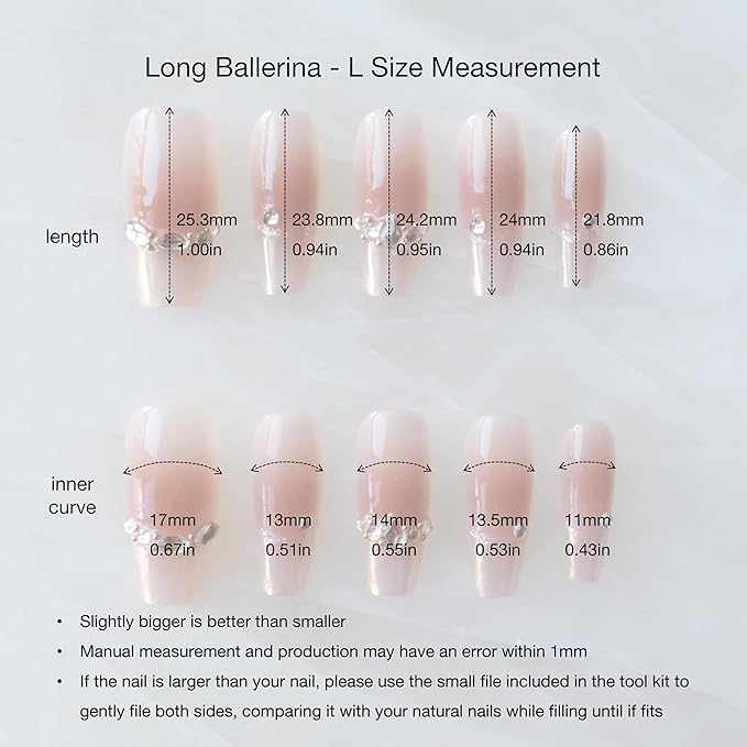 Long Ballerina Press-on Nails, Pink French Style with Rhinestones, Coffin Shape, Handmade False Nail 10 Pieces (Large,LB)