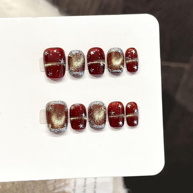 Short Square Press on Nails - Handmade Manicure Art Reusable False Nails 10pcs with Solid Nail Glue, Nail Adhesive Tabs, Strong Nail Glue (3357-Large)