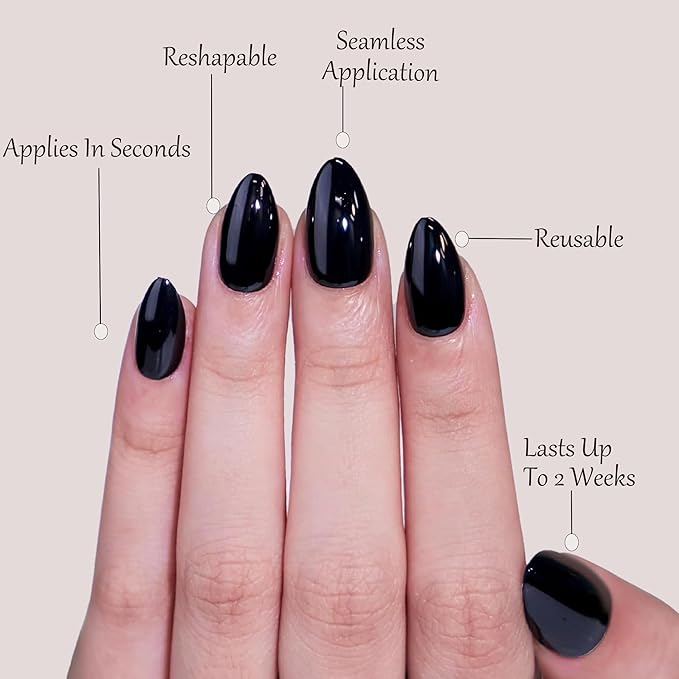 Black Press On Nails Almond -Short Press On Nails with Nail Glue, Fit Perfectly & Natural Reusable Stick On Nails in 12 Sizes - 24PCS Soft Gel Glue On Nails Kit