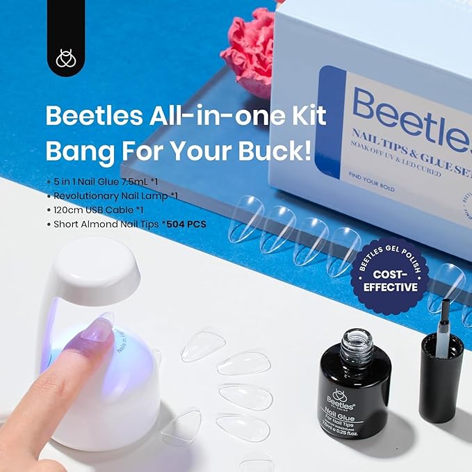 Beetles Gel Nail Kit Clear, Almond Short, 500pcs 12 Sizes, with 9 in 1 Glue Mini UV&LED Lamp, Fall Nails, Acrylic False Tips Kit Easy Nail Extension Set for Home DIY Salon Gift for Girls