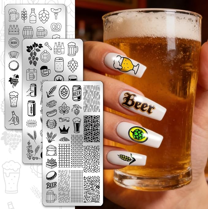 PH PandaHall 3pcs Beer Nail Stamping Plates Oktoberfest Nails Art Templates Bread Malt Nails Art Stencils Numbers Textures Nails Image Plates for Women DIY Celebrations Holiday Manicure Salon Print