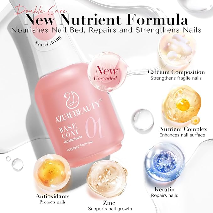 AZUREBEAUTY Dip Powder Liquid Set – Upgraded Care Formula, 4+4Pcs 15ml/0.5oz Base Coat, Activator, Top Coat & Brush Saver, Nail Strengthener with Keratin & Calcium, Low Odor DIY Home Salon