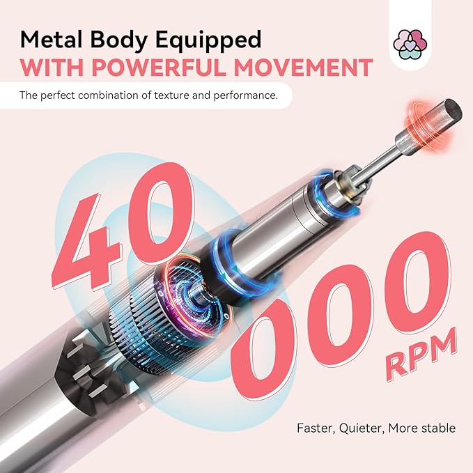 SAVILAND Electric Nail Drill Professional: 40000RPM Pink Rechargeable Portable Electric Nail Filer with 6000mAh Battery, for Shaping, Removing & Polishing Acrylic Nails Home Salon Manicure Gift