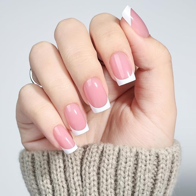 White French Tip Press On Nails - Pink Short Square Fake Nails, Square White Press On Nails Reusable Stick On Nails in 16 Sizes, 32pcs False Nail Kit for Women & Girls (Pink White French)