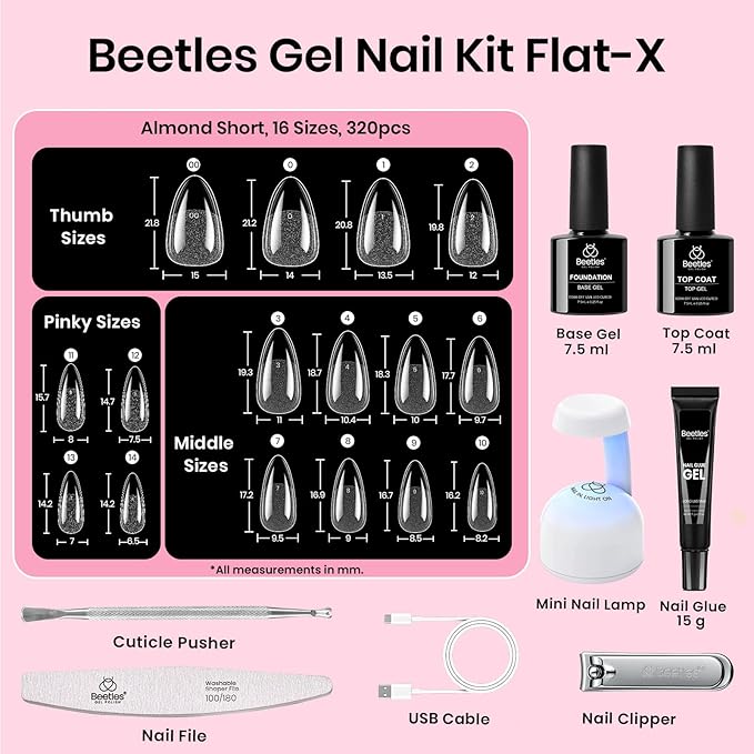 Beetles Gel Nail Kit Flat-X, Almond Short, 320pcs 16 Sizes Nail tips, with 15g Nail Glue Gel Hands-Free, 7.5ml Base Gel & Top Coat, Mini Lamp, for Acrylic Press On Nail, Extension DIY Set at Home