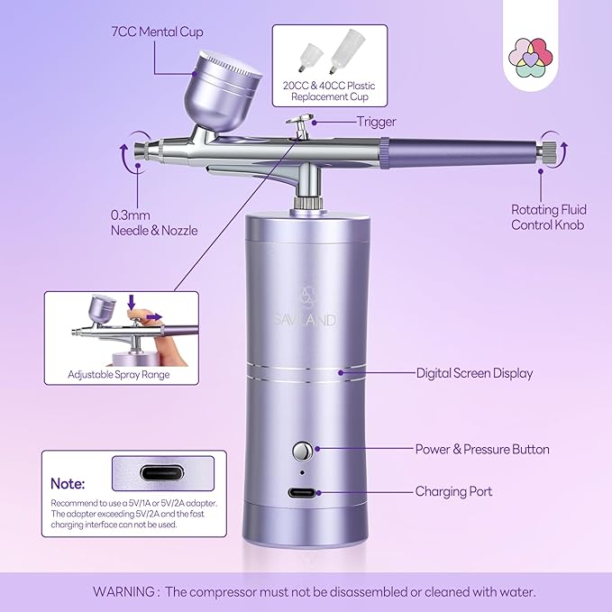SAVILAND Airbrush for Nails: Limitless Nail Art Creativity Airbrush Kit Pro Dual-Mode Rechargeable 0.3mm Nozzle Makeup Set Nail Airbrush Machine for Ombre French Airbrush Paint Salon（Purple）