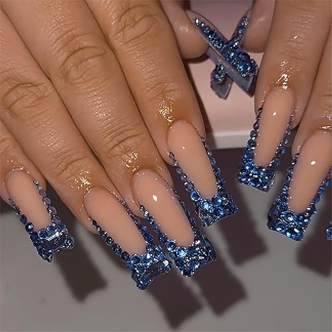 24Pcs Press on Nails Long Square Blue French Tip Fake Nails Rhinestones Full Cover Nails Press ons Glue on Nails with Designs Acrylic Nails Glossy Artificial Nails for Women Manicure