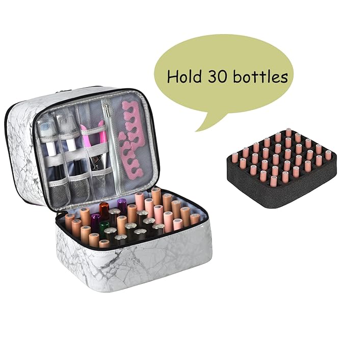 Nail Polish Organizer - Holds 30 Bottles & Nail Lamp, Double-Layer Nail Organizers and Storage, Nail Polish Bag with Handle Nail Travel Case for Nail Tech (White)