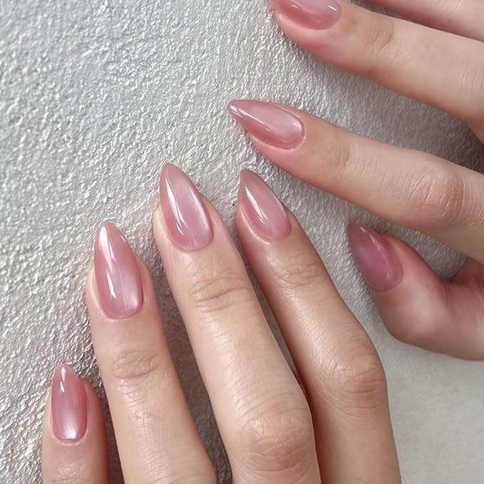 Nude Pink Press on Nails Short Almond Fake Nails Cat Eye Nails Press ons with Design,Reusable & Easy Apply Full Cover Stick on Nails for Women Manicure 24Pcs