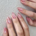 Nude Pink Press on Nails Short Almond Fake Nails Cat Eye Nails Press ons with Design,Reusable & Easy Apply Full Cover Stick on Nails for Women Manicure 24Pcs