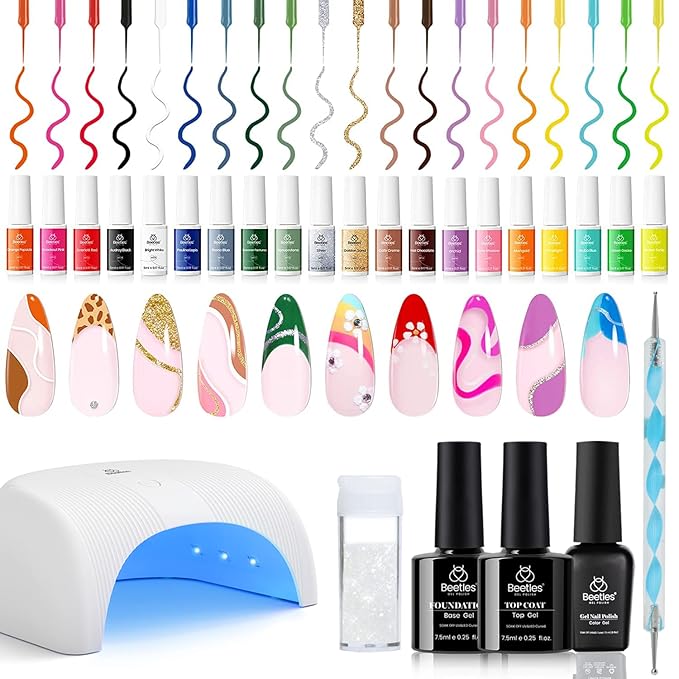 Beetles Liner Gel Polish with Curing Lamp 36W U V Nail Lamp, 20 Colors Liner Gel Polish Set with Fast Drying Compact LED Nail Dryer