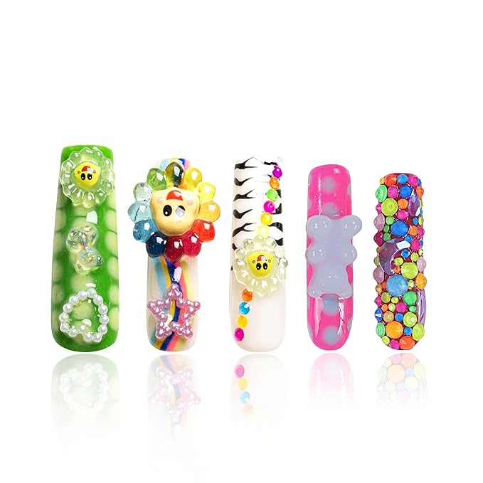 LOVFUL Press on Nails Lovkashi Flower | Handmade with Full Covered Crystals | Reusable Fake Nails | Square Mid length 1.7in | H65-L