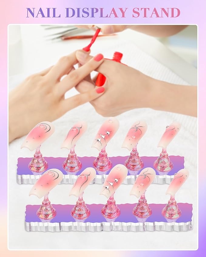 Nail Stand Acrylic Nail Art Display Stand Magnetic Nail Tips Practice Holder 54 Pcs Reusable Adhesive Putty for DIY Painting Nails Stand kit (Aurora Pink A)