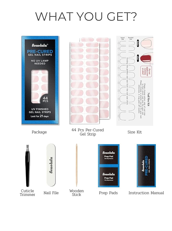 Pre Cured Gel Nail Strips - 44PCS Salon Quality Gel Nail Stickers - Long Lasting Polish Wraps for Women no UV Light Needed Easy Apply & Remove (Chic Pink）