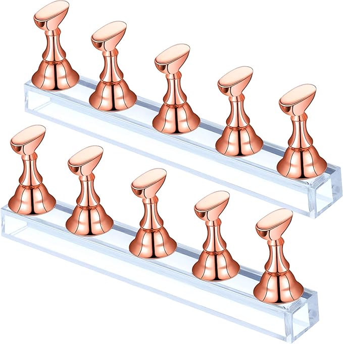 Blulu 2 Sets Nail Stand for Press on Acrylic Nails Display Practice Magnetic Fake Nail Holder for Painting Nails for False Fingernail Manicure Tool Home DIY Salon Supplies(Rose Gold)