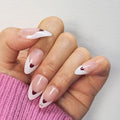 Press-On Nails, Heart Design False Nails, Pink White Glossy Fake Nails with Rhinestone, 24Pcs Reusable Artificial Nails Kit