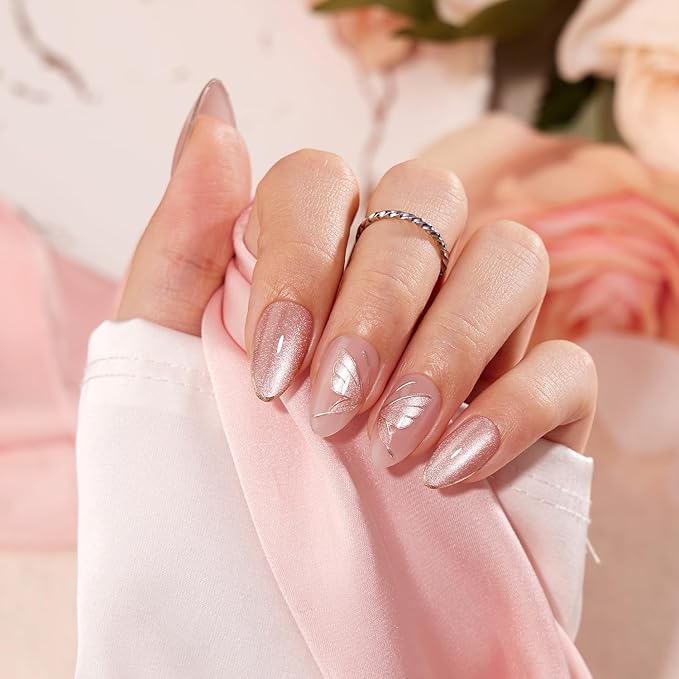 VSALON Press On Nails Short Almond - Pink Cat Eye Semi-Transparent Metallic Butterfly Design Fake Nails, Reusable Soft Gel Glue on Nails with Glue & Cuticle Oil - Valentines Gifts for Women