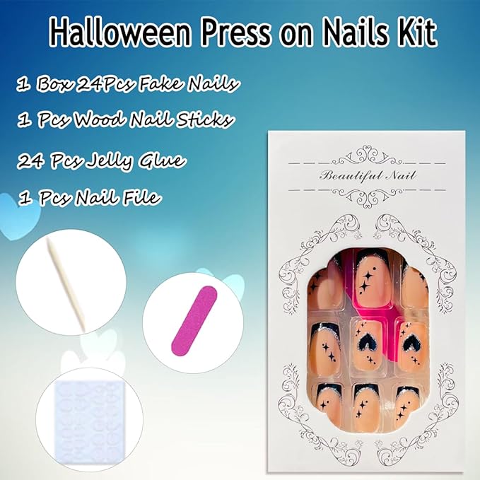 French Tip Press on Nails Short Square Valentines Fake Nails Heart Press ons Black Nails Tips Glue on Nails Glossy Full Cover Designs Stick on Nails Acrylic False Nails for Women Girls 24Pcs