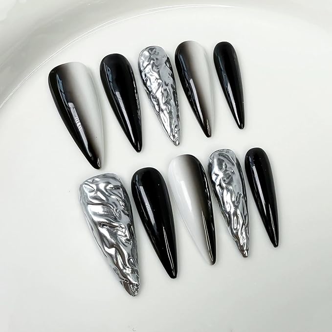 10Pcs Handmade Press on Nails Long Stiletto Glue on Nails Black White Ombre Fake Nails with 3D Swirl Designs False Nails Chrome Acrylic Nail Sparkly Stick on Nail for Women (Size M)