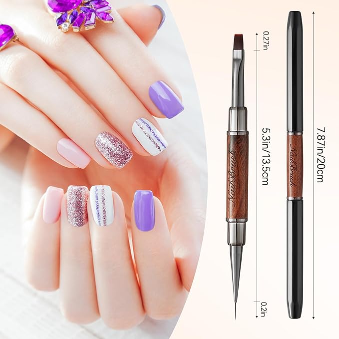 Acrylic Nail Brush,Double-ended Nail Brush French Tip Brush,Nail Art Painting Brush for Long Lines,Thin Details, Fine Drawing,Builder Gel,Polygel (Large rectangular round brush+5mm Line brush)