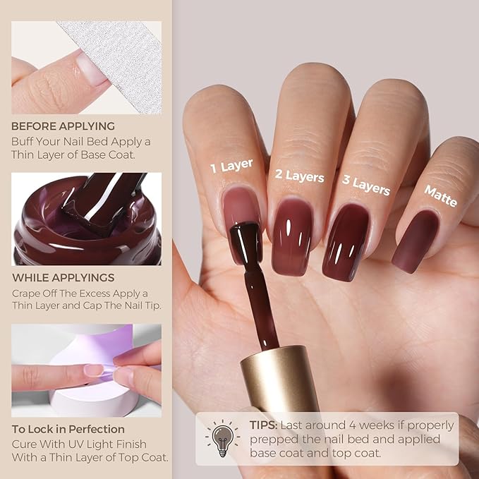 AILLSA Winter Brown Gel Nail Polish Burnt Berries Jelly Gel Polish Fall Neutral Translucent Gel Polish Long Lasting Purple Chestnut Color Soak Off U V Gel for French Manicure Nail Art at Home 0.51 Oz