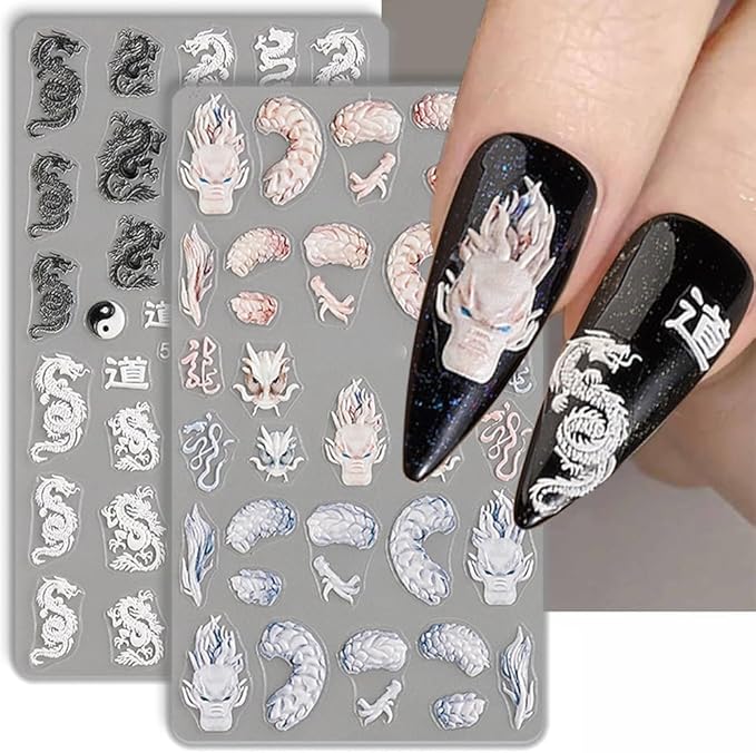 5D Embossed Dragon Nail Art Stickers for Designs - Black White Chinese Dragons Decals for Women - Manicure Supplies for Nails Decor