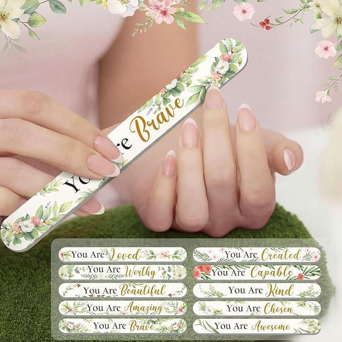 Therwen 50 Pack Inspirational Gift for Women Flower Christian Double Sided Nail File Bulk Mini Emery Board Thank You Gift for Employee Teacher Staff Coworker Women Mother