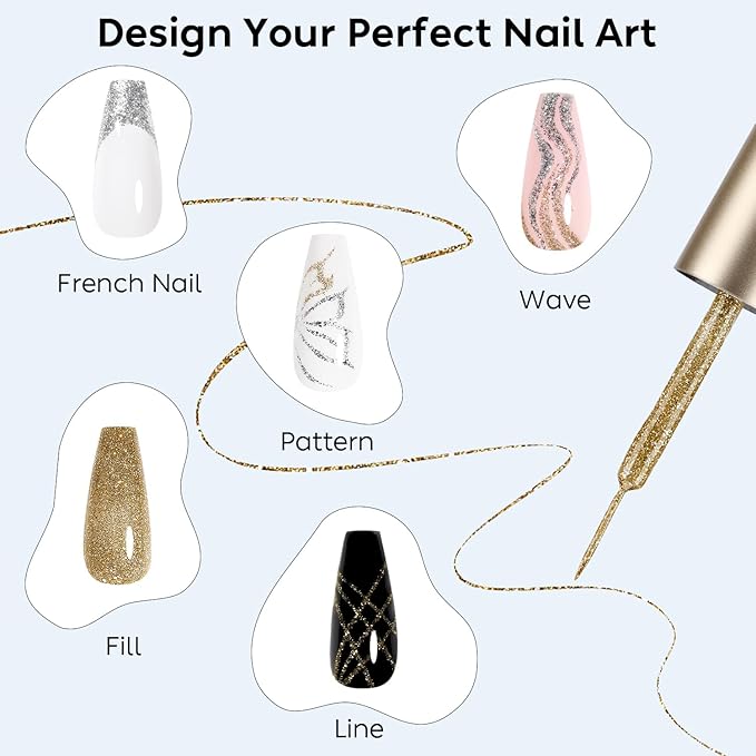 AIMEILI Nail Art Liner Gel Polish, Hema Free, Cruelty Free, Vegan, Silver Bronze Gold Nail Paint Build in Thin Brush for Swirl French Tips Manicure DIY