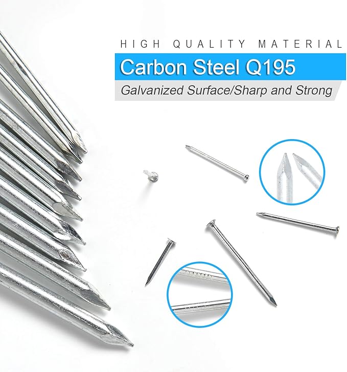 376pcs Premium Hardware Nails Assortment Kit, Maximum Length 2 Inches Galvanized, Picture Hanging, Wood, Wall with Storage Box | 6 Sizes