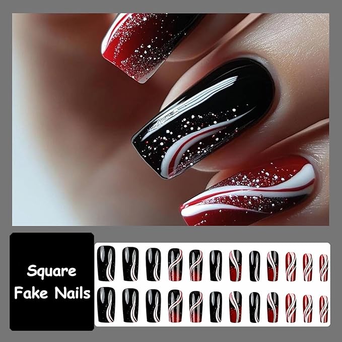 MISUD Press on Nails - Long Square Fake Nails with Goth Red Black, Acrylic Gothic Vampire Design 24 pcs