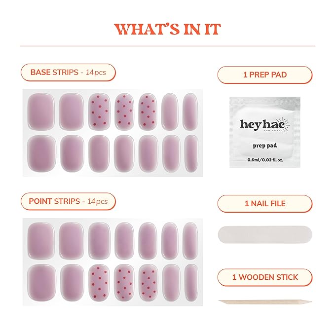 Heyhae Semi Cured Gel Nail Strips | No LED Lamp Needed | Summer, Solid, Purple | Easy Apply & Remove, Salon Quality | Includes 28 Strips, 1 Prep Pads, Nail File & Wooden stick - Hey, Cute as a Button