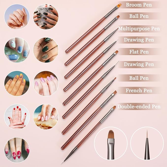 9Pcs Nail Art Brush Set, Builder Painting Design Detail Drawing Brushes Dotting Pen Double-Ended French Liner For Gel Polish Manicure Tools Acrylic Home DIY Salon Use Women, Brown